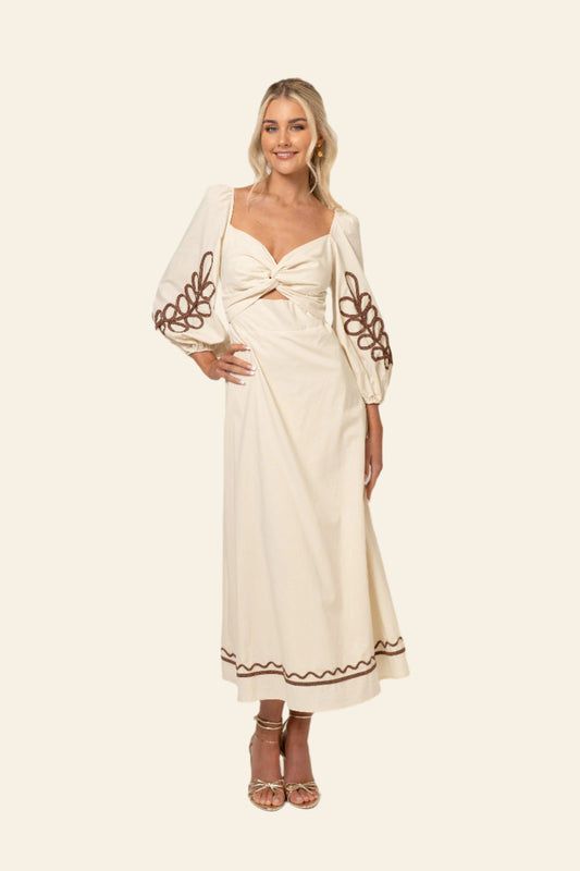 Abigail Beige Midi Dress with Billowed Sleeves