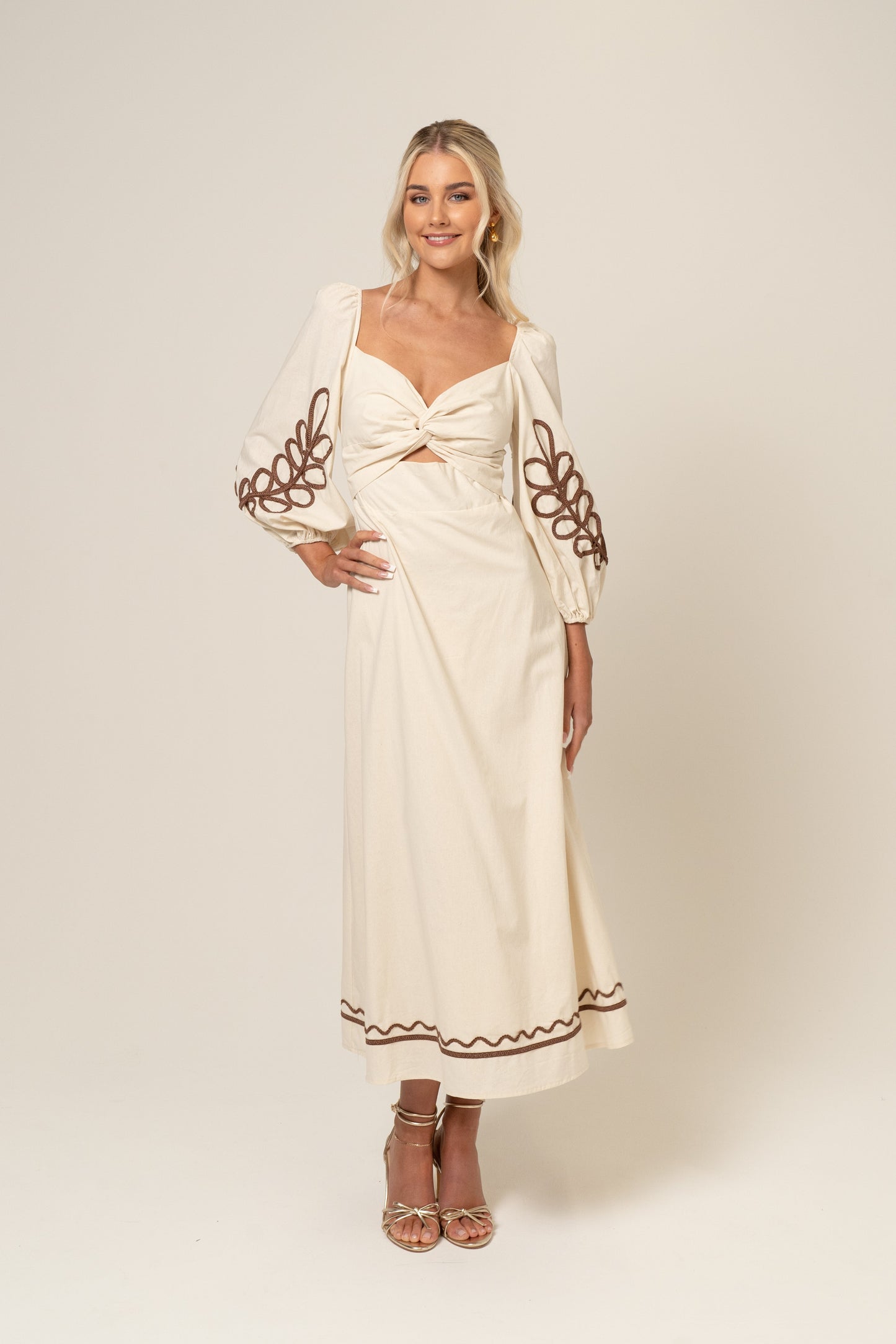 Abigail Beige Midi Dress with Billowed Sleeves