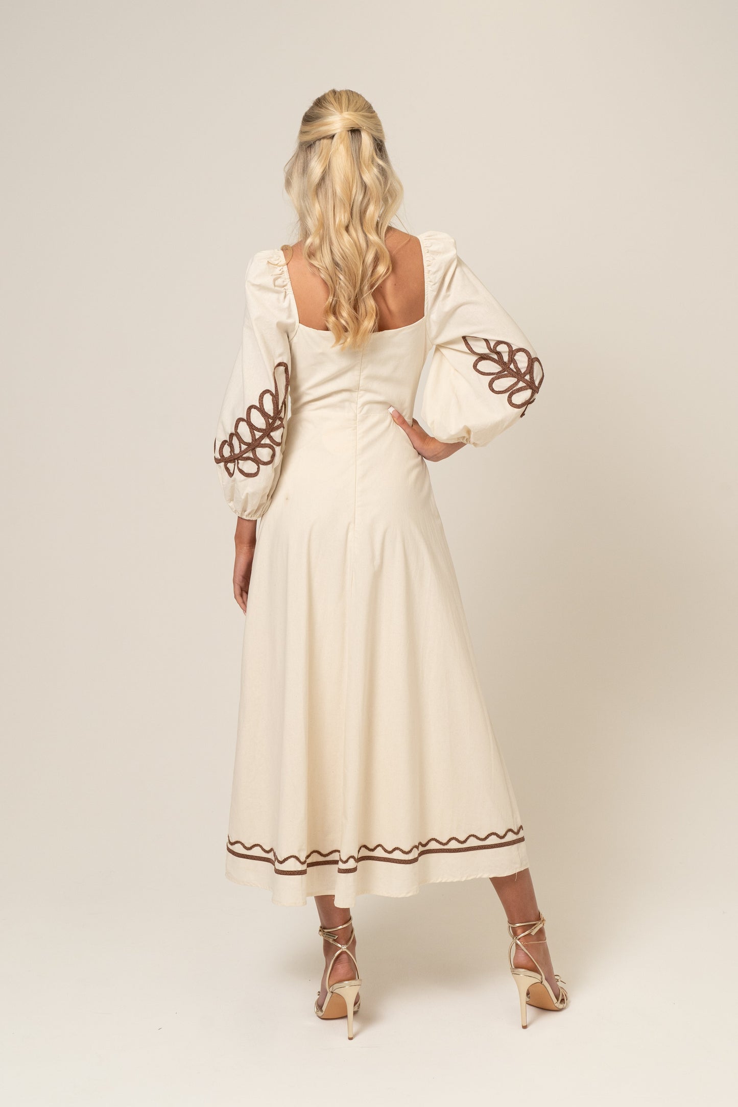 Abigail Beige Midi Dress with Billowed Sleeves