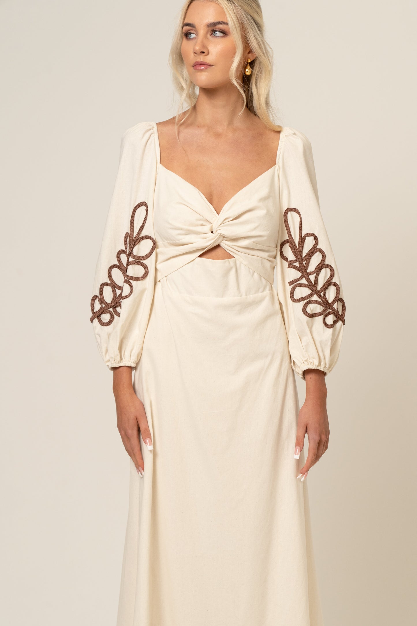 Abigail Beige Midi Dress with Billowed Sleeves