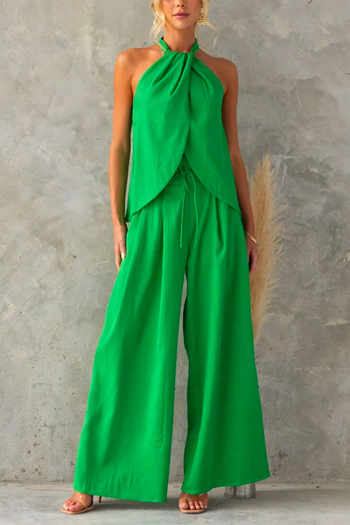 Sunray - Sleeveless Halter Slit Top Paperbag Waist Wide Leg Pants Set