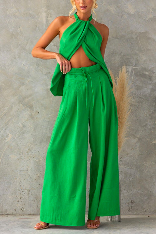 Sleeveless Halter Slit Top Paperbag Waist Wide Leg Pants Set