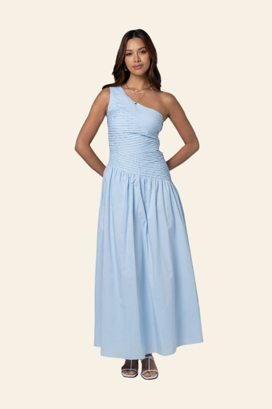 Arden Bare Shoulder Blue Midi Dress