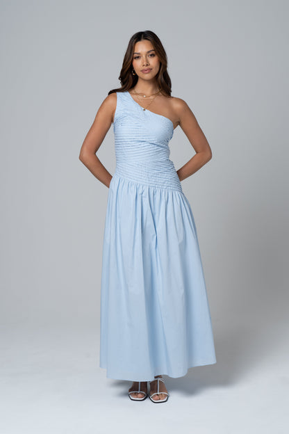 Arden Bare Shoulder Blue Midi Dress