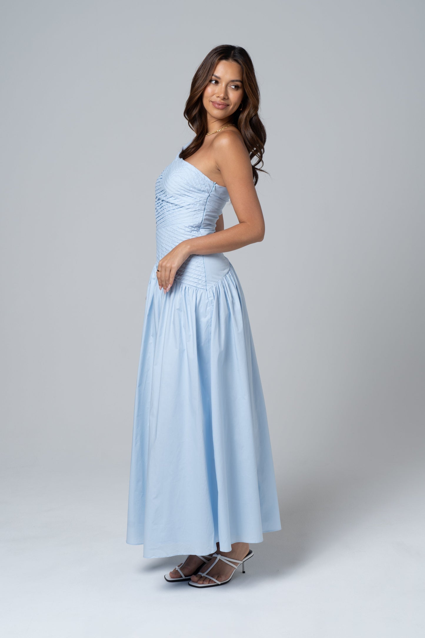 Arden Bare Shoulder Blue Midi Dress