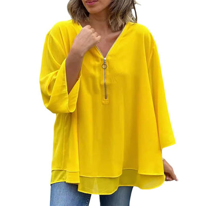 Melanie™ | Chiffon Zipper Top With V-neck