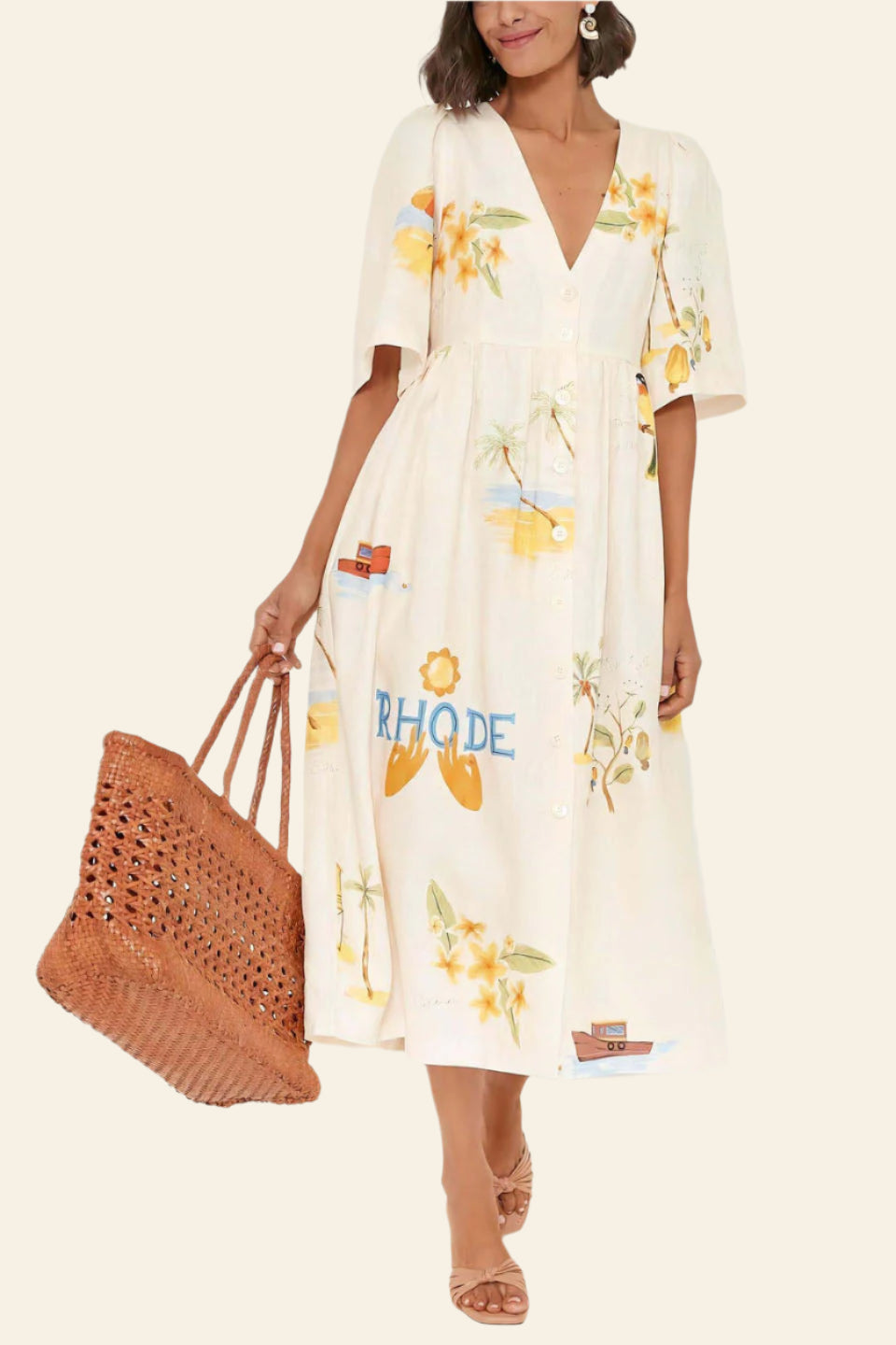 Printed Linen Midi Dress