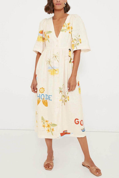 Printed Linen Midi Dress