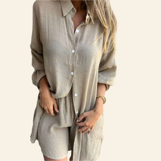 Women's Casual Long Sleeve Shirt & Shorts Two-Piece Set