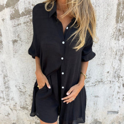 Women's Casual Long Sleeve Shirt & Shorts Two-Piece Set